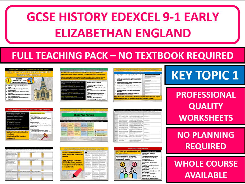 Edexcel GCSE History Elizabeth I – Key Topic 1 Complete Unit Fully Resourced