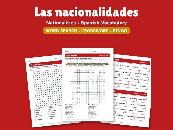 Nationalities in Spanish: Word Search, Crossword & Bingo