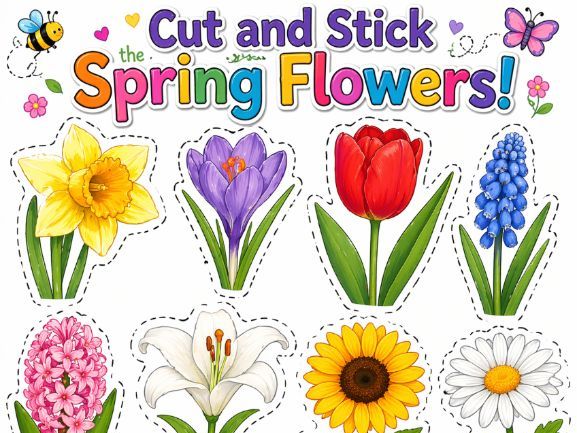 Spring Flowers Cut and Stick Fine Motor Skills Worksheet