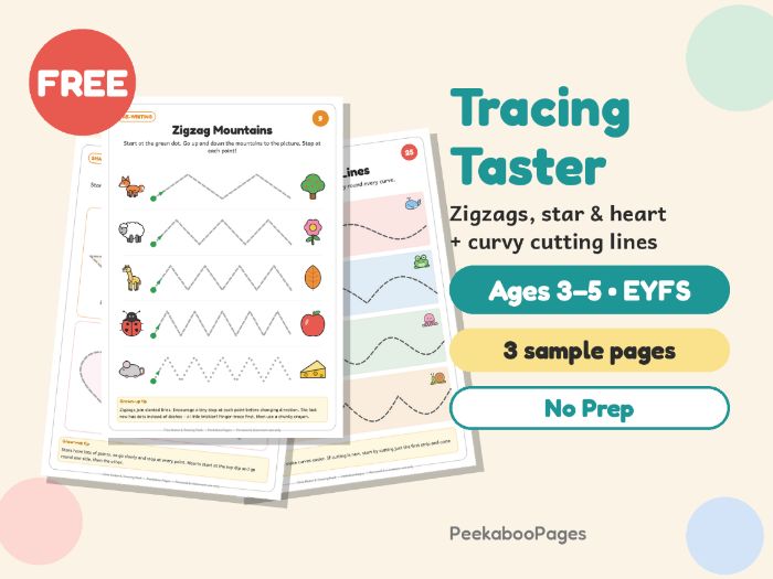 FREE EYFS Pre-Writing Tracing Taster – Zigzags, Star & Heart Shapes + Cutting Practice (Nursery/Rece