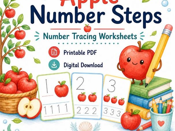 Apple Number Tracing Worksheets for Kids