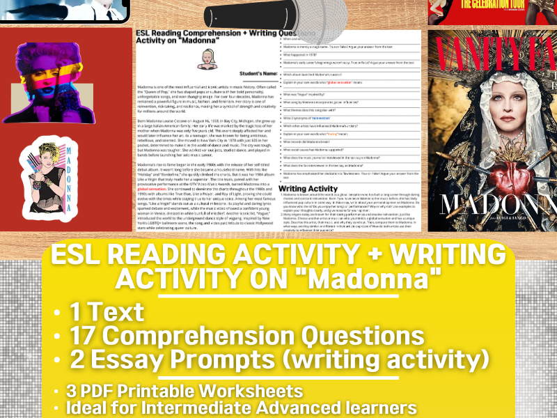 ESL Reading Comprehension + Writing Activity Worksheets on "Madonna"