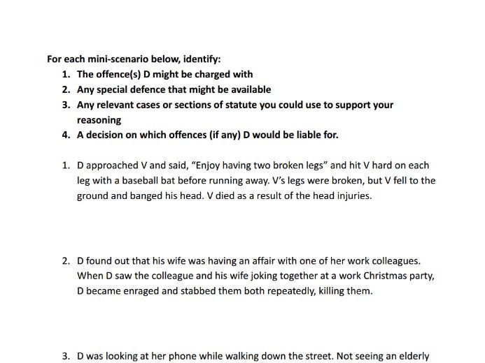 Fatal offences - Knowledge and application questions