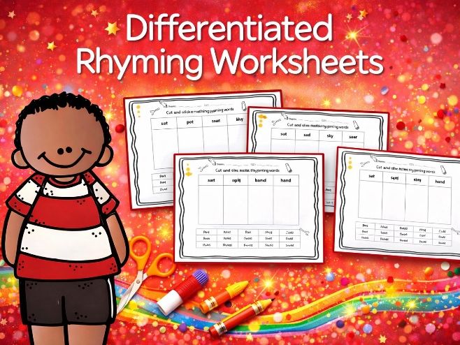 Differentiated rhyming worksheets - Reception/Year 1/ Year 2 - RWI set 1, 2 and 3 sounds phonics