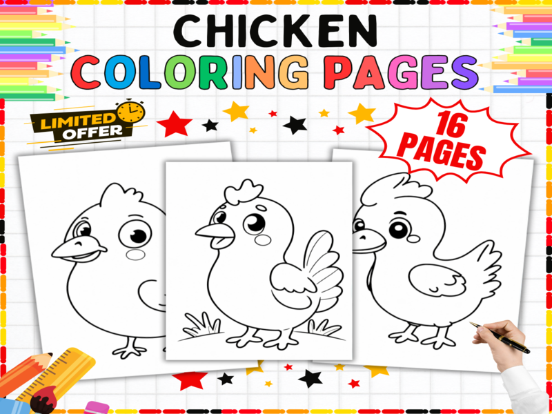 Chicken Coloring Pages | 16 Printable Farm Worksheets | Poultry Colouring Sheets for Kids