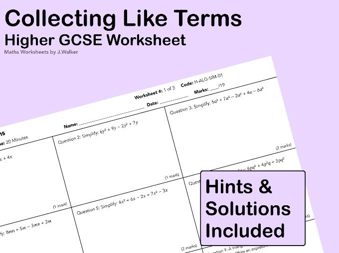 GCSE Maths Worksheet: Collecting Like Terms - Higher Tier