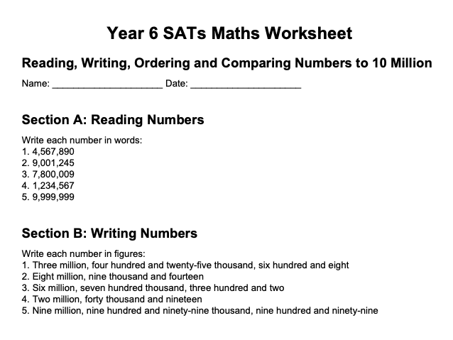 SATs - Reading, writing, ordering and comparing numbers up to 10 million