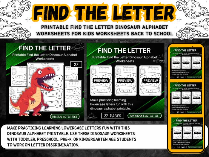 Printable Find the Letter Dinosaur Alphabet Worksheets back to school