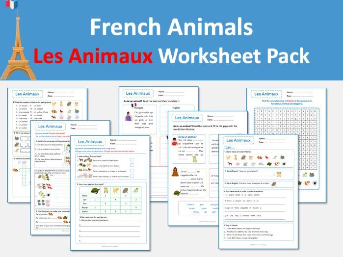 French Animals Worksheet Pack