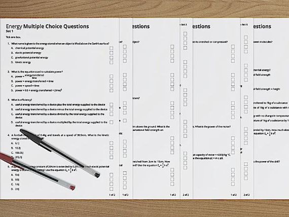 AQA GCSE Physics: Energy Multiple Choice Question (MCQ) Worksheets