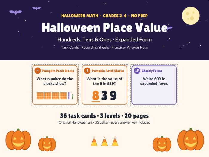 Halloween Place Value Task Cards | Hundreds Tens Ones & Expanded Form | Grades 2-4