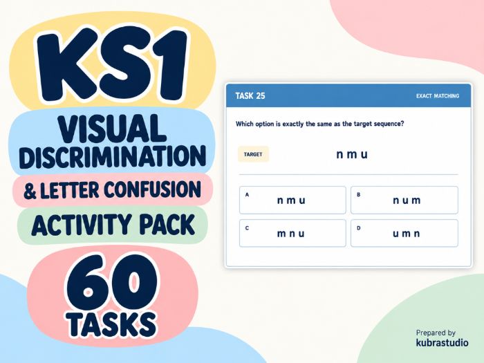 KS1 Visual Discrimination & Letter Confusion – 60 Tasks