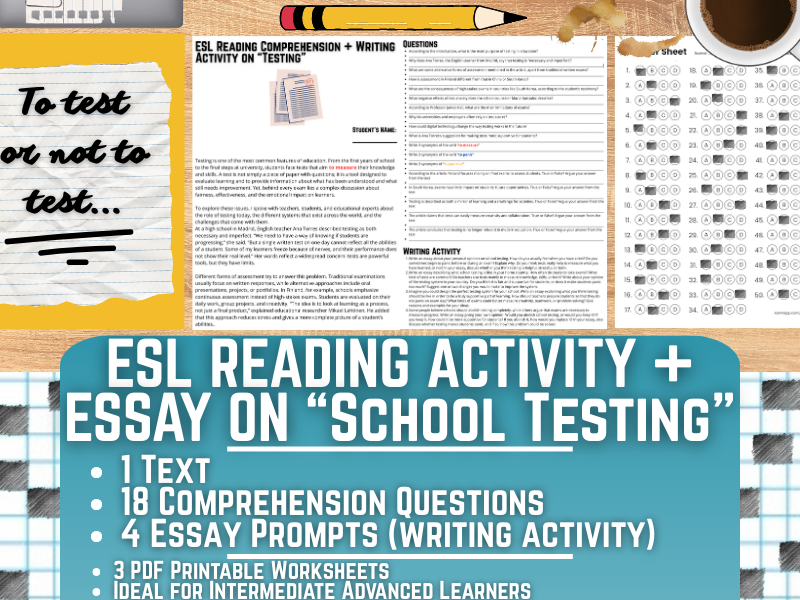 ESL Reading Comprehension + Writing Activity Worksheets on School Testing