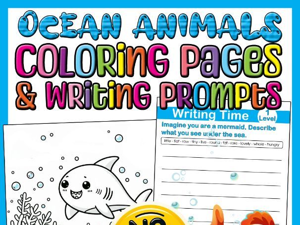 Ocean Animals Coloring Pages and Writing Prompts Sub Plan for 3rd 4th 5th Grade