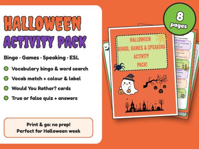 Halloween Bingo, Games & Speaking Activity Pack (No-Prep, Printable)