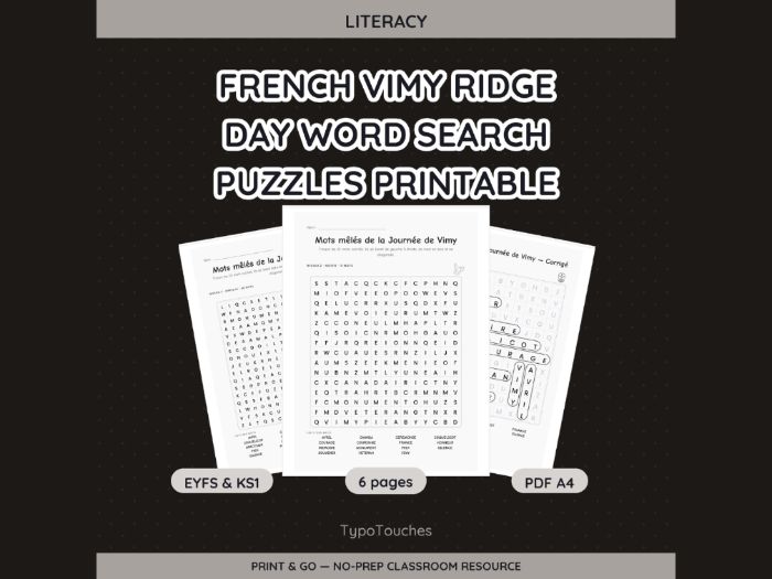 French Vimy Ridge Day Word Search | 6 pp