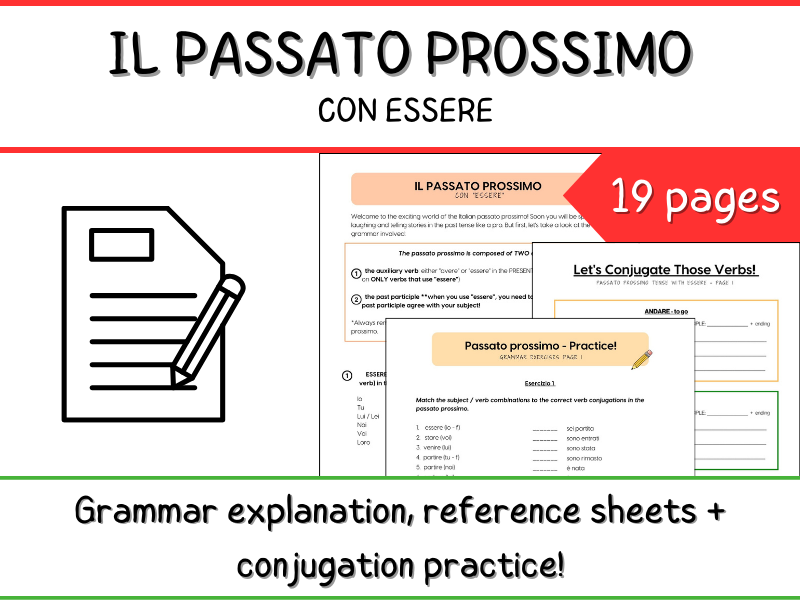 Italian Passato Prossimo Verbs (with Essere) - Grammar Worksheets + Reference
