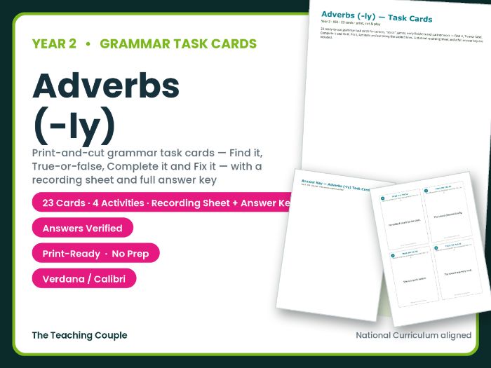 Year 2 Adverbs (-ly) Task Cards – 23 Grammar Cards + Answer Key