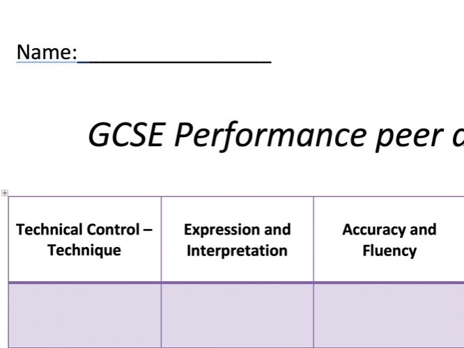GCSE Peer Assessment Grid