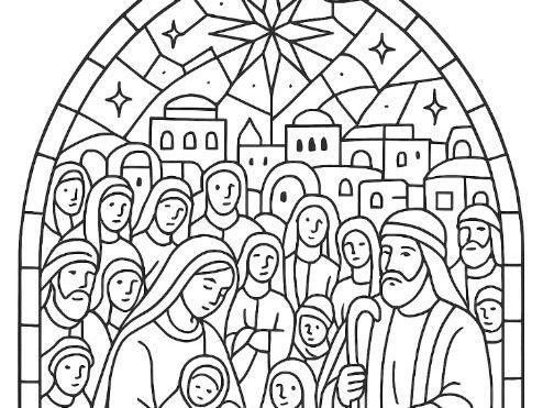 Nativity Christmas Stain Glass Colouring Page of Mary and Joseph in Bethlehem