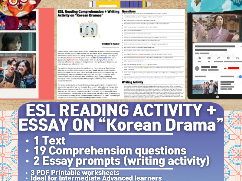 ESL Reading Comprehension + Writing Activity Worksheets - Korean Drama - South Korea
