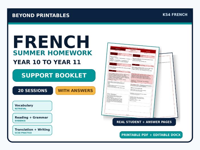 French Summer Homework Booklet Year 10 to Year 11 Support with Answers