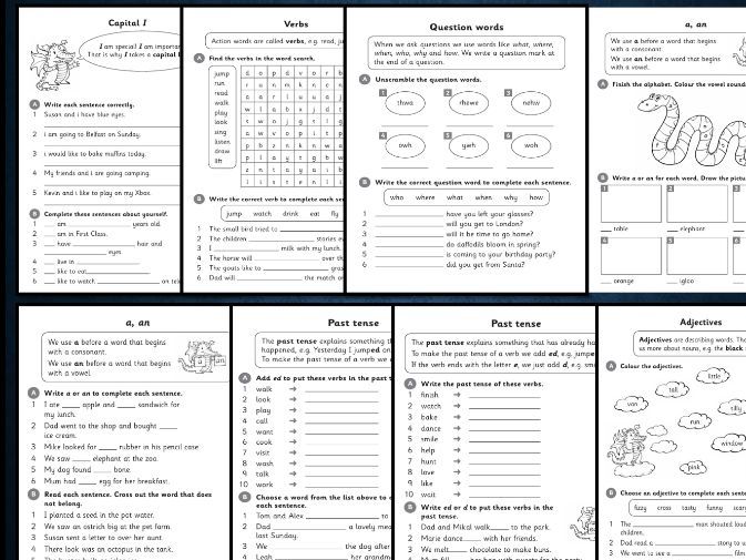 Grade 1 Grammar Worksheets Bundle | Capital Letters, Nouns, Verbs, Plurals & More