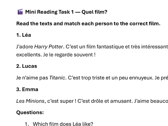S2 French - Tv and Film Reading