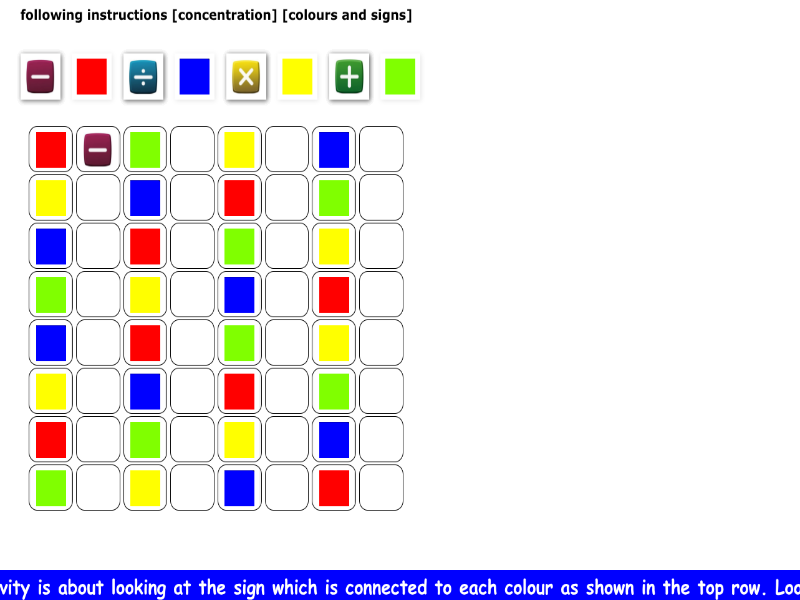 following instructions [concentration] [colours and signs]