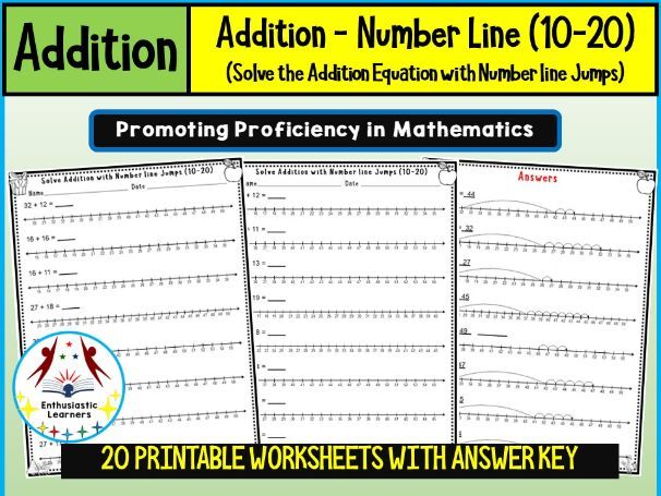 Solve the Addition Equation from the Number Line Jumps (Numbers 10–20) Worksheets Math Problems