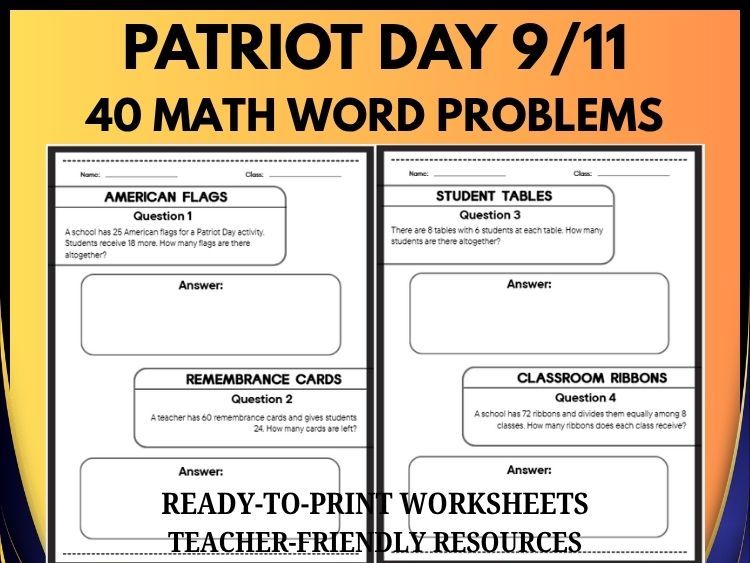 Patriot Day Math Word Problems and Answer Keys | 9/11 Remembrance Activity | Grades 2–8