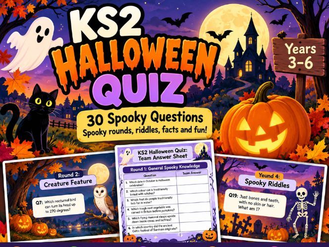 KS2 Halloween Quiz | 30 Spooky Questions | PowerPoint & Team Answer Sheets | Years 3–6