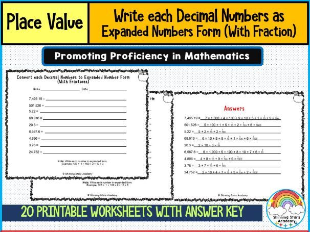Write Each Decimal Number as Expanded Number Form (With Fraction) Worksheets Decimal Place Value