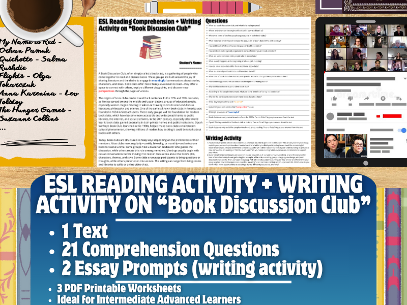 ESL Reading Comprehension + Writing Activity Worksheets on Book Discussion Club
