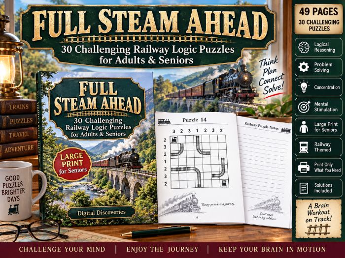 Full Steam Ahead – 30 Challenging Railway Logic Puzzles for Adults & Seniors | Large Print Brain Gam