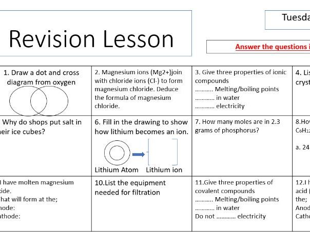 Retrieval Starters with answers- Chemistry- Year 10