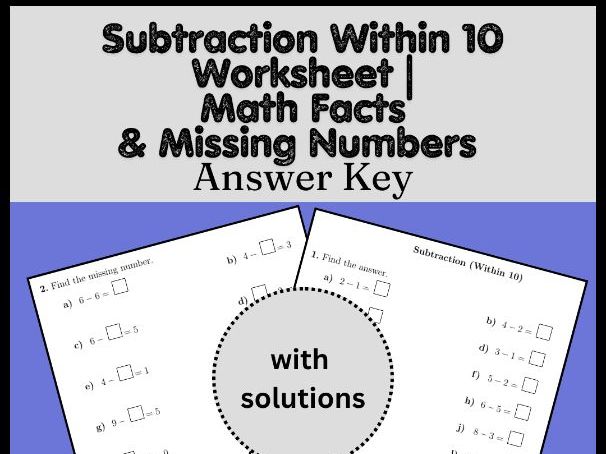 Subtraction Within 10 Worksheet | Math Facts & Missing Numbers Answer Key