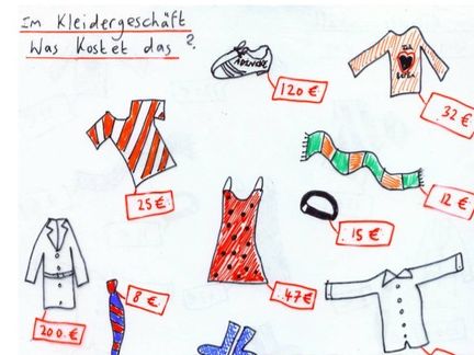 German, listening, clothes, prices, second year up, Im Kleidergeschäft - was kostet was ?
