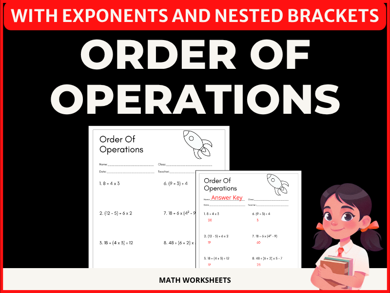 Order of Operations with Exponents & Nested Brackets Worksheets | BEMDAS, BODMAS, BIDMAS, PEMDAS