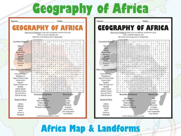 Geography of Africa Word Search Puzzle | Africa Map & Landforms