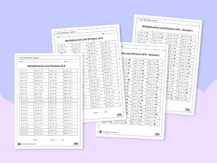 Multiplication and division practice worksheets for the 8 times table