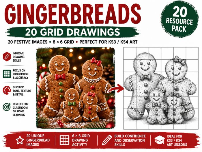 Gingerbread Christmas Grid Drawing Worksheets | 20 Festive Art Activities | KS3 KS4