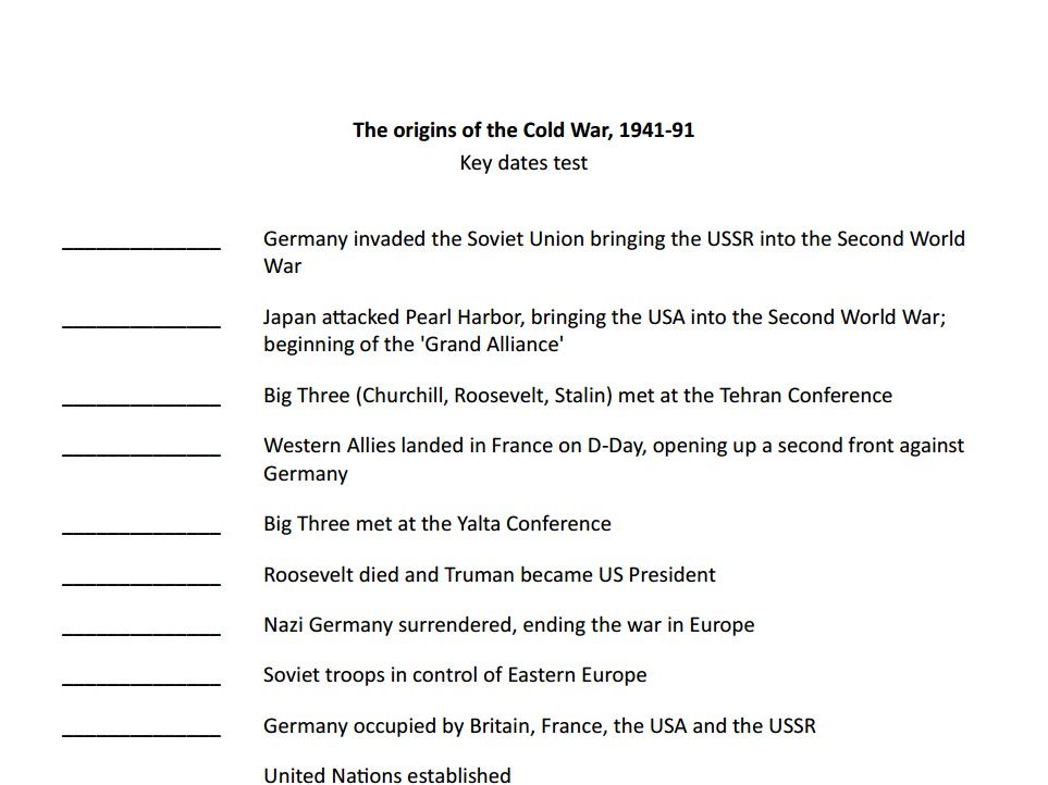Key dates tests - Superpower relations and the Cold War (Edexcel GCSE history)