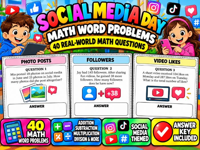 Social Media Day Math Word Problems | 40 Problems & Answer Key