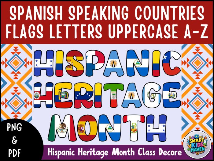 Spanish Speaking Countries Flags Letters Uppercase Alphabet A-Z Bulletin Board.