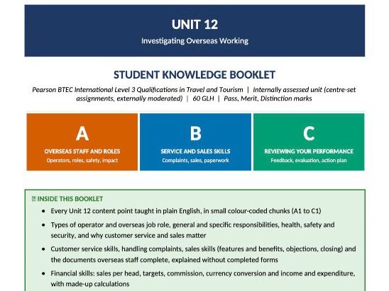 Pearson BTEC International Level 3 Travel and Tourism | Unit 12 Investigating Overseas Working | 62p