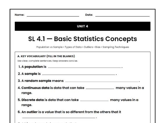 IB Math AI Worksheet SL 4.1 - Basic Statistics Concepts