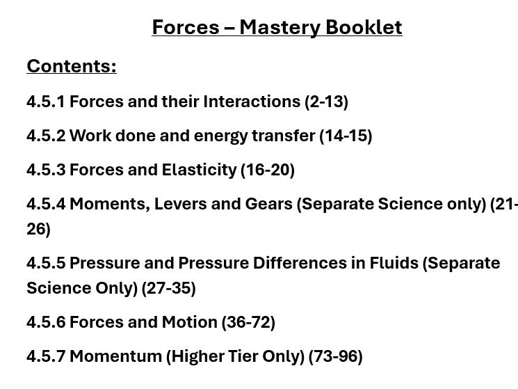 AQA GCSE Combined & separate Topic 5 Forces  revision booklet