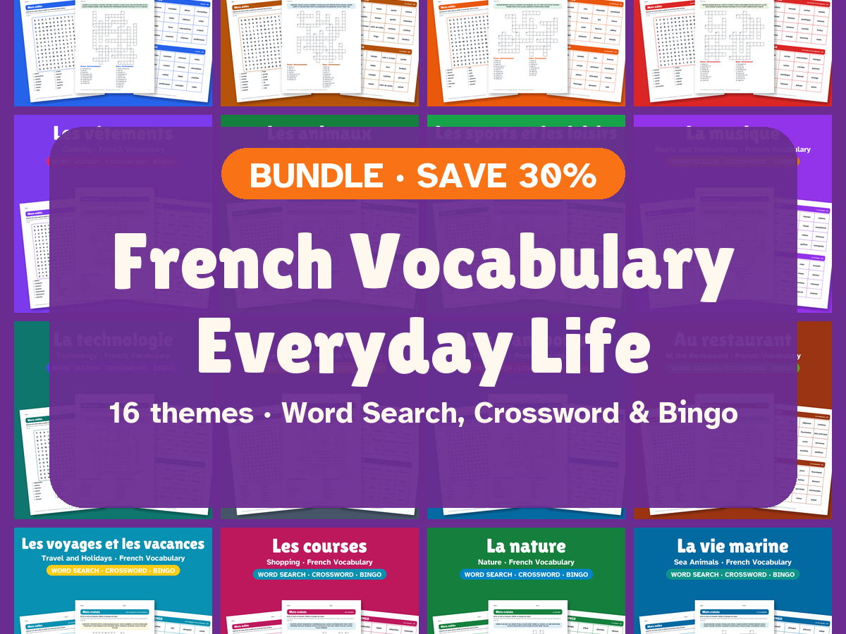 French Everyday Life Bundle: Word Search, Crossword & Bingo (16 Themes)