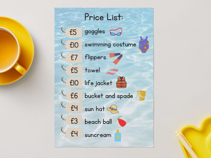Beach Shop Role Play Price List